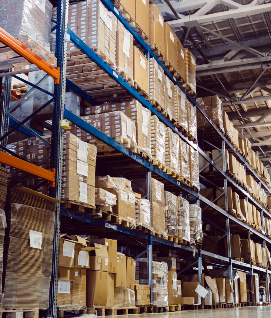 A fully stocked warehouse, full of boxed up airline products.